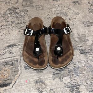 Birkenstock Gizeh Black Patent Birko Flor Thong Sandals Sz 37 US Sz 6-6.5
